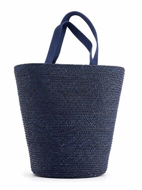 Vintage Classic Navy Woven Raffia Tote Bag with Shoulder Straps